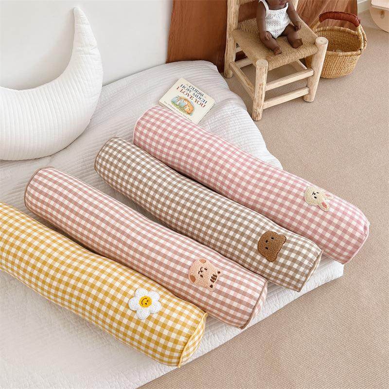 ins简约格子纯棉韩系圆柱抱枕夹腿靠枕儿童防撞床围枕含芯可拆洗