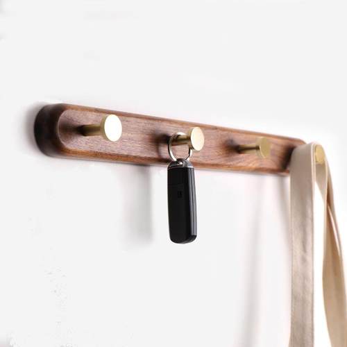 北欧实木黄铜挂衣钩毛巾排钩墙壁厨房免打孔衣服挂钩门后木质衣架