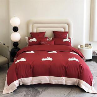 新款简约刺绣纯棉四件套被套全棉长绒棉单被罩床上用品床笠四件套