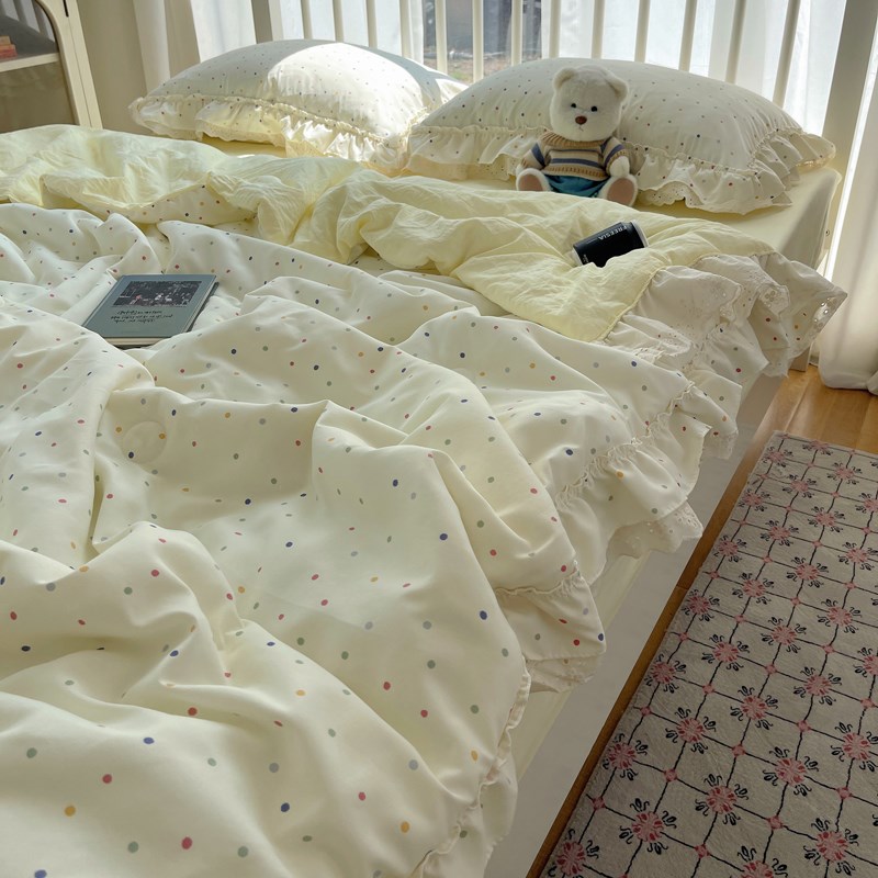 公主波点双层纱水洗棉夏凉被四件套夏季H双层花边双人可机洗空调