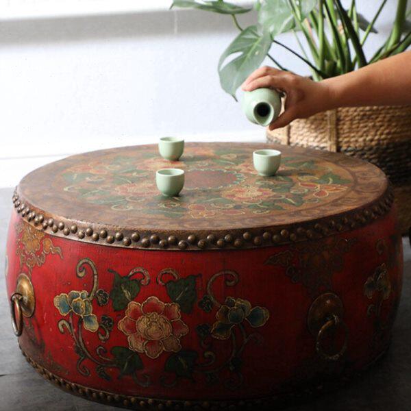 【大宅门出品】鼓墩新中式彩绘牛皮飘窗花盆鼓茶几鼓圆茶台桌台鼓