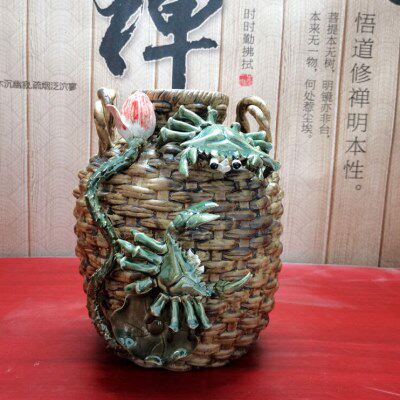 陶瓷招财螃蟹箩子四方来财摆件开业礼品公司店铺客厅玄关门厅摆设