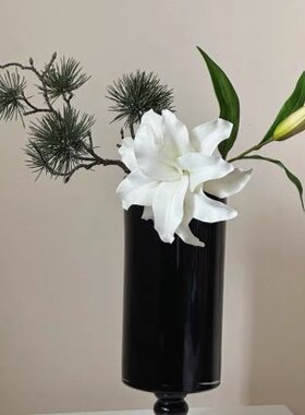 中古黑色高脚玻璃花瓶复古插花水培摆件样板间软装高级感花器装饰