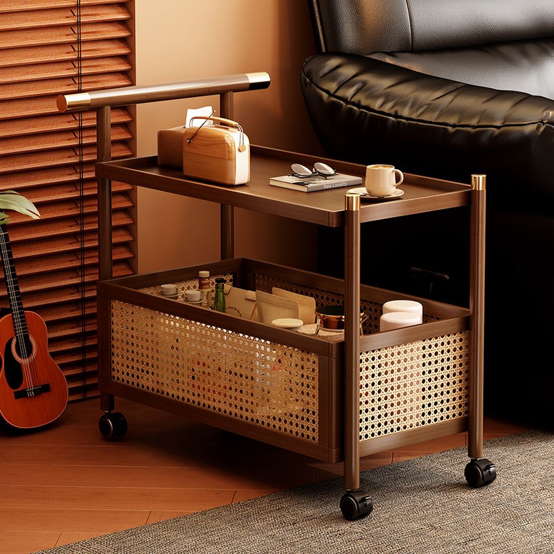 沙发边几中古小推车可o移动推拉茶几藤编收纳框复古多层床头置物