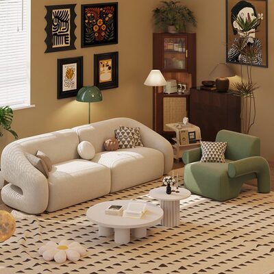 创意沙发客厅大小户型复古奶油风休息区接待美容院直排羊羔绒沙发