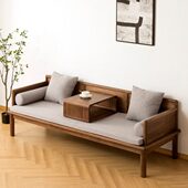 新中式 黑胡桃木罗汉床简约白蜡实木伸缩沙发床小户型推拉禅意床榻