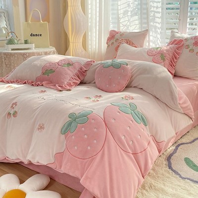 粉色草莓牛奶绒四件套卡通v珊瑚绒冬季法兰绒加绒加厚床单被罩床