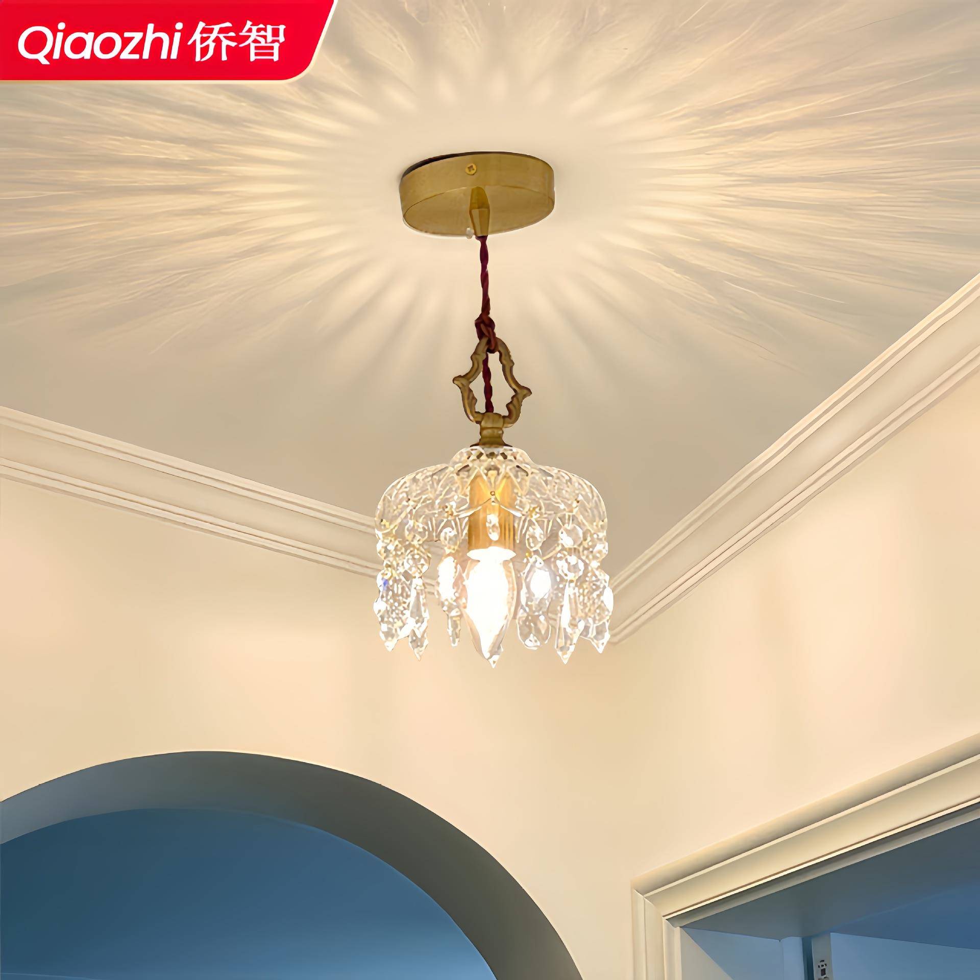 法式水晶吊灯氛围感复古卧室床头小吊灯玄关阳台轻奢全铜玻璃吊灯