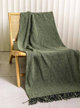 轻奢复古绿色沙发盖毯样板间床盖手撕流苏搭毯民宿酒店床旗床尾巾