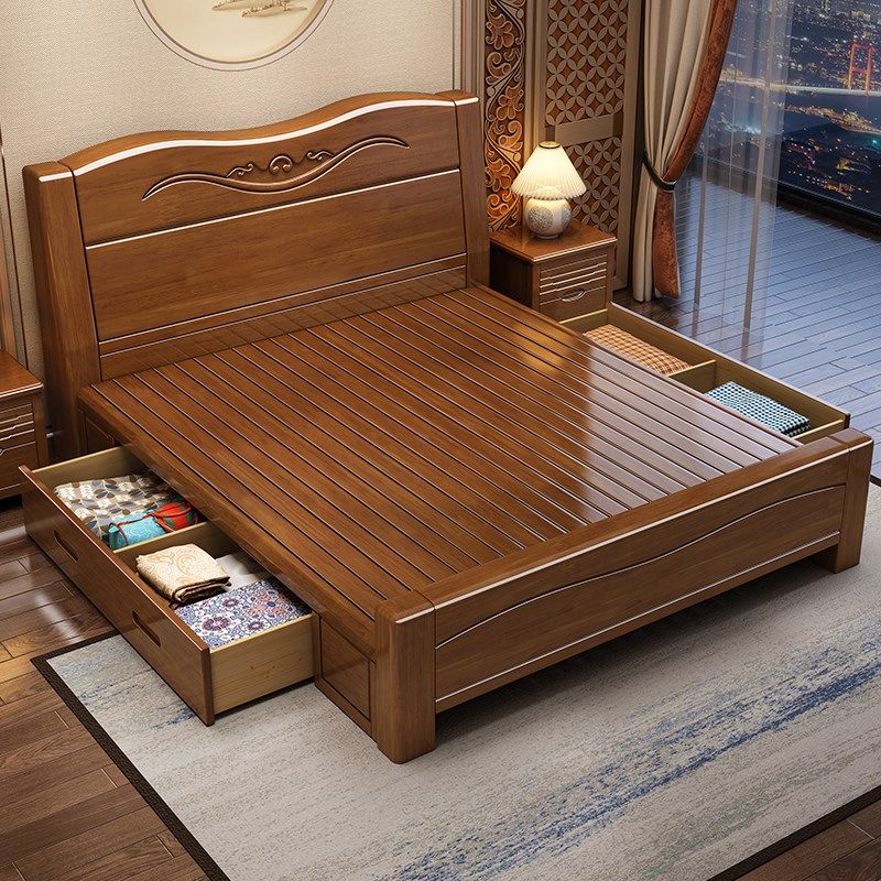 新中式全实木床1米2单人小户型1米8双人床卧室工厂直销加厚储物床