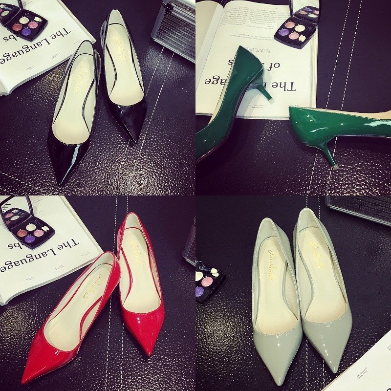 小跟鞋女秋2024新款浅口5cm尖头亮皮高跟鞋细跟黑色中跟工作鞋秋