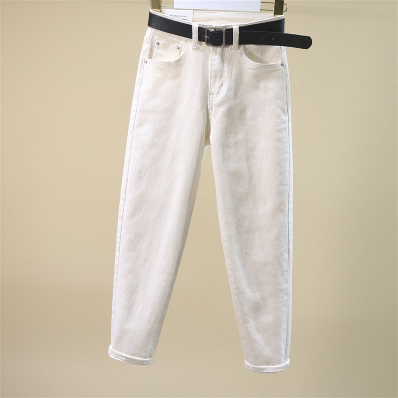 米白色牛仔裤女宽松2021春夏新款高腰弹力休闲哈伦裤韩版萝卜裤子