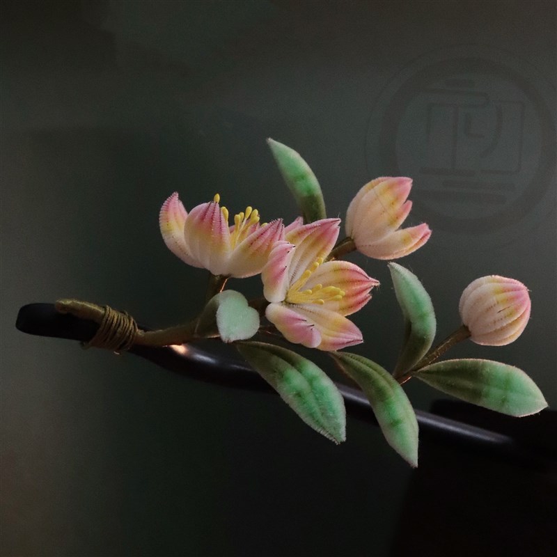 细绒条绒花桃花清新发钗黑檀木发簪汉服旗袍簪子绒花日常百搭配饰