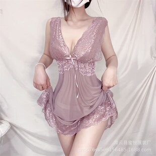 新品大码V领睡裙蕾丝荷叶边纯欲吊带豆沙色睡衣两件套女外贸代发
