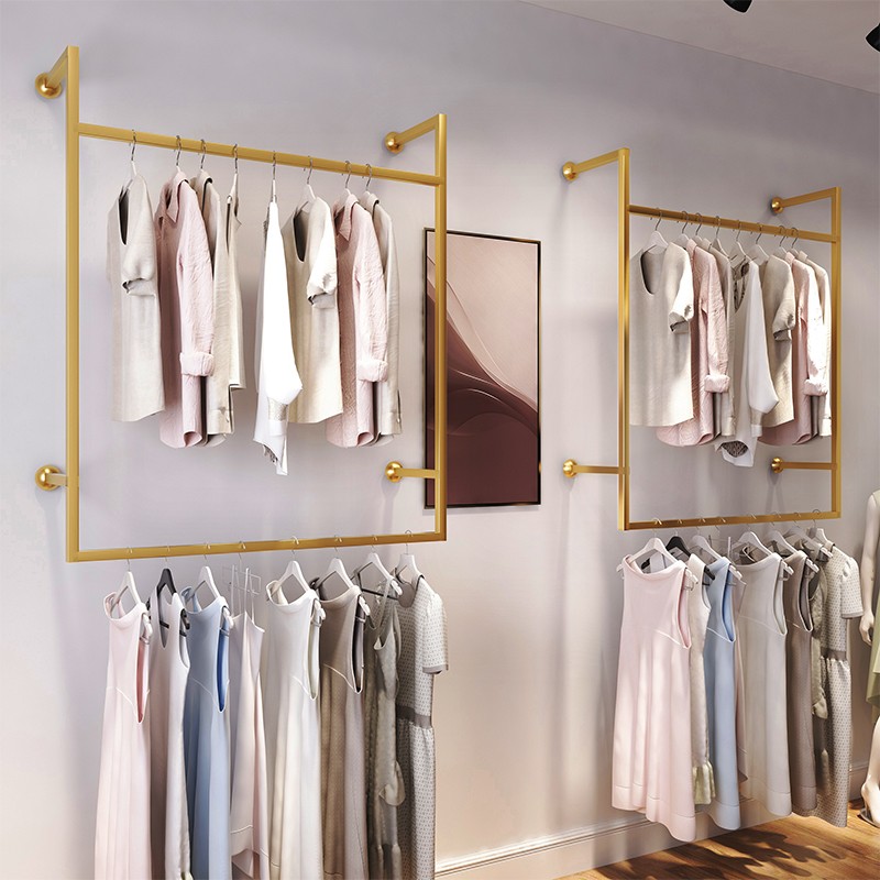 简约服装店上墙展示架男装店衣架童装架子侧挂女装店金色双层货架