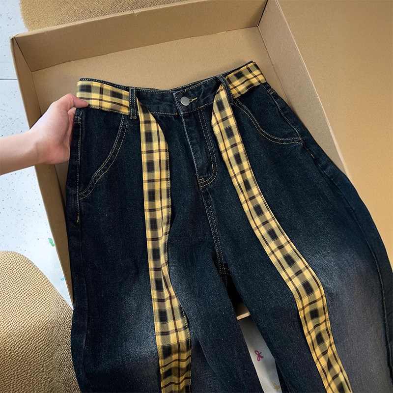 胖mm美式复古格子拼接牛仔裤女特大码黑灰色裤子高腰显瘦阔腿长裤