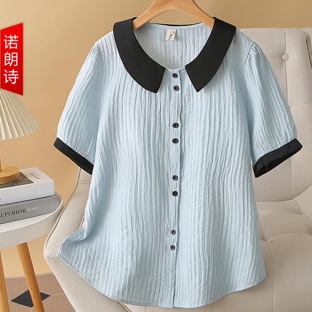 大码减龄上衣胖mm法式简约肌理感撞色短袖衬衫夏季娃娃衫宽松衬衣