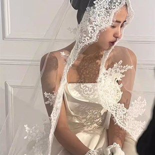 新娘结婚复古蕾丝长款 拖尾头纱浪漫婚纱照摄影拍照跟妆造型头饰