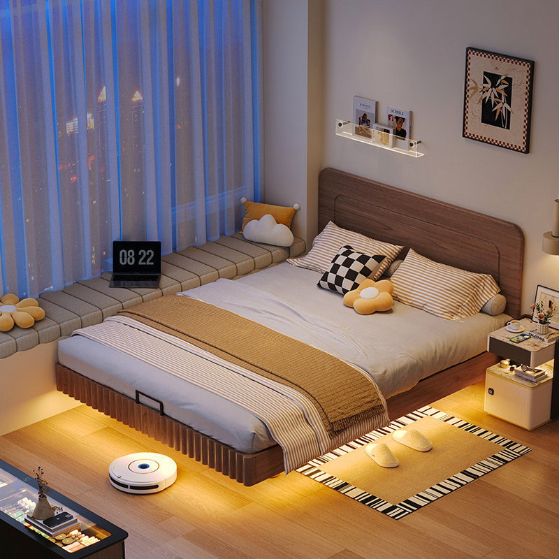 单人床北欧原木风小户型全实木床1米2小床带感应灯网红悬浮次卧床