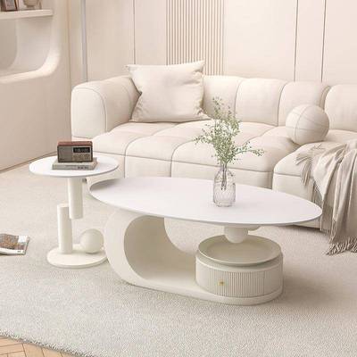 轻奢椭圆形岩板茶几意式茶几家用客厅新款奶油风茶几小户型茶边几