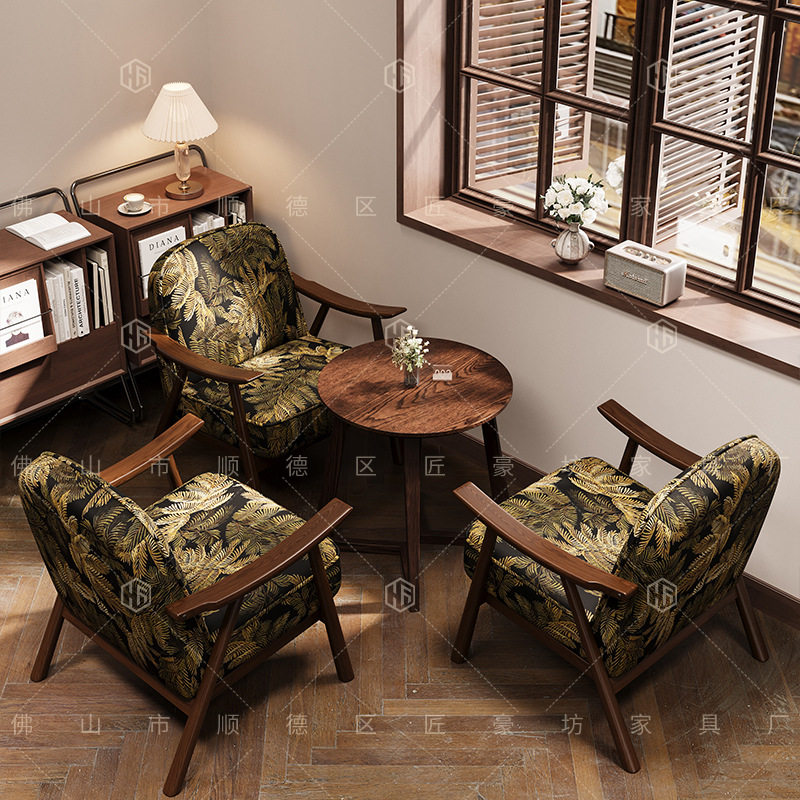 复古实木沙发椅南洋西餐厅餐桌椅组合中古风休闲桌椅商用布艺沙发