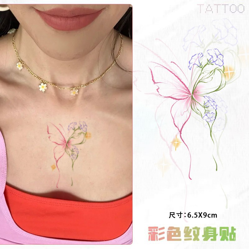 星光蝴蝶喇叭花 彩色纹身贴新款简约防水彩绘男女ins唯美遮疤贴纸