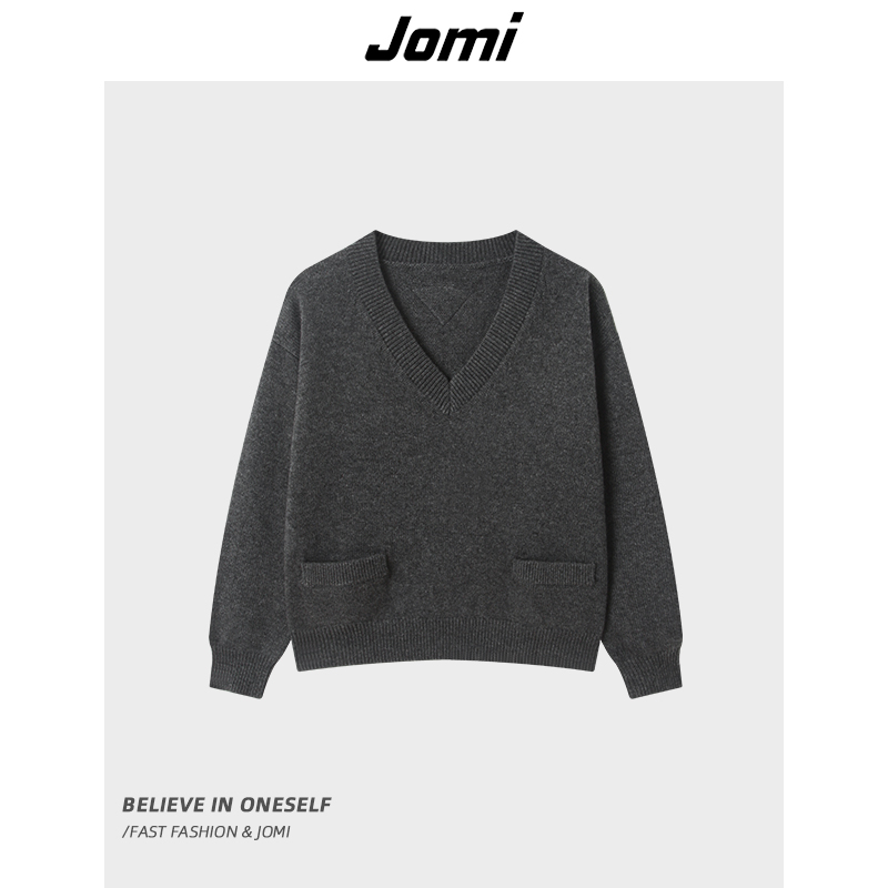 JOMI女装设计师秋款简约V领针织衫长袖螺纹显瘦