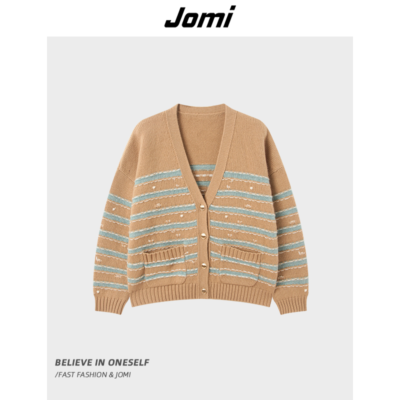 《仙仙专属》JOMI秋冬条纹开衫女V领纽扣绵羊毛衣上衣J94CC1D2419