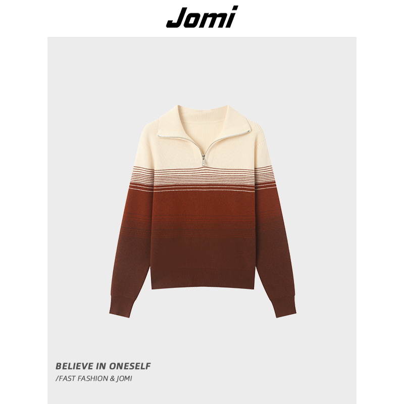 JOMI秋冬新款翻领拉链针织衫复古条纹宽松显瘦通勤上衣