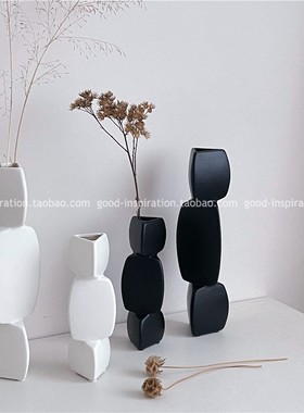 中古异形几何花瓶摆件 简t约创意黑白陶瓷抽象装饰品道具现代北欧
