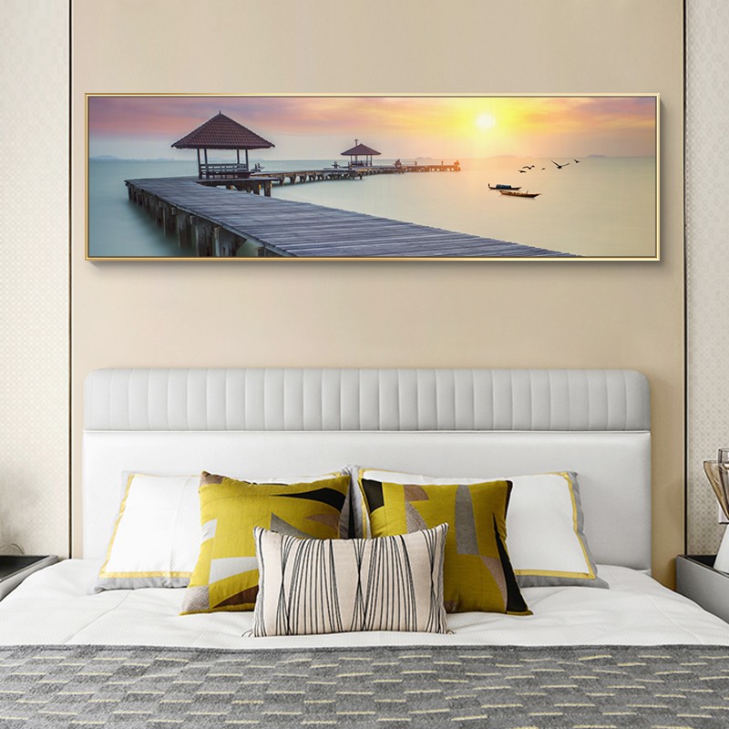 北欧装饰画简约现代卧室床v头风景客厅酒店客房日出码头壁画挂画图片