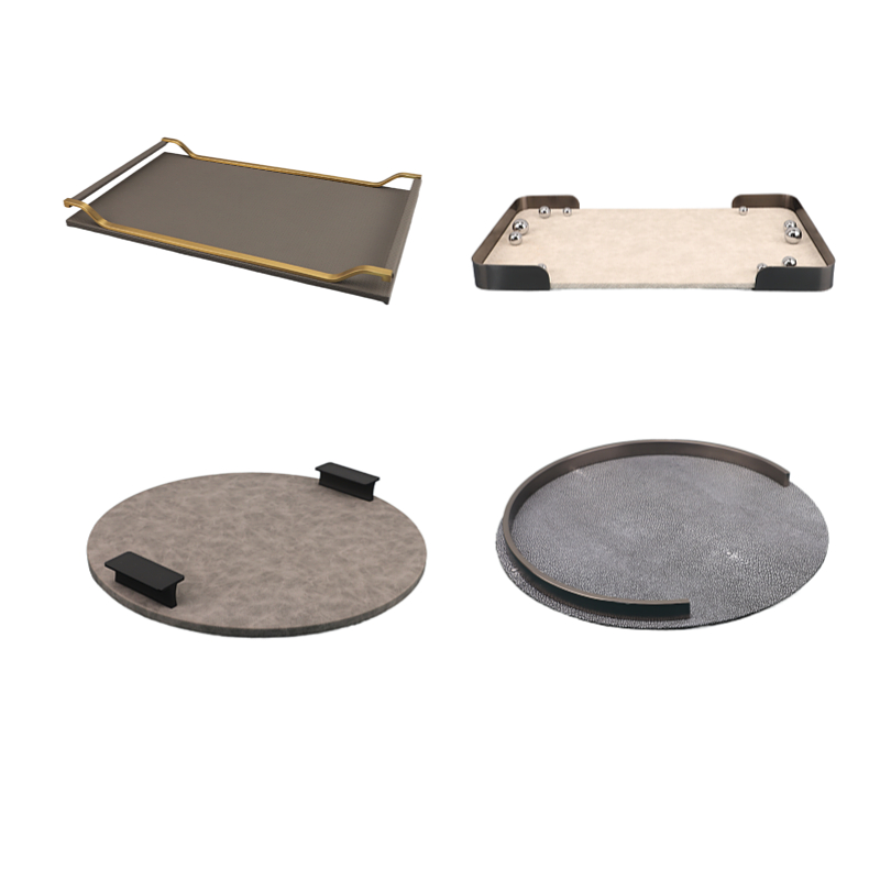 皮革木质长方f形托盘摆件酒店样板间家居饭厅北欧金属收纳果盘托