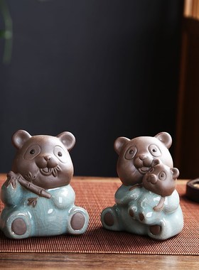 创意熊猫陶瓷摆件中式可爱茶桌办公室桌面摆设茶宠趣X茶玩家居装