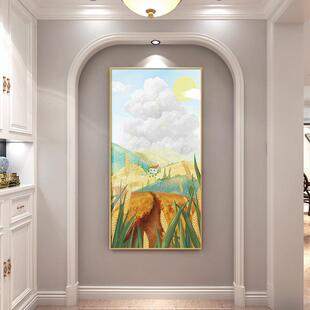 入户玄关轻奢过道落地有框画麦田丰收风景油画走廊竖版大幅装饰画