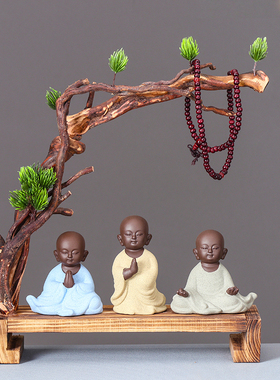 创意中式禅意根雕玄关q摆件 紫砂小和尚客厅电视柜办公室软装饰品