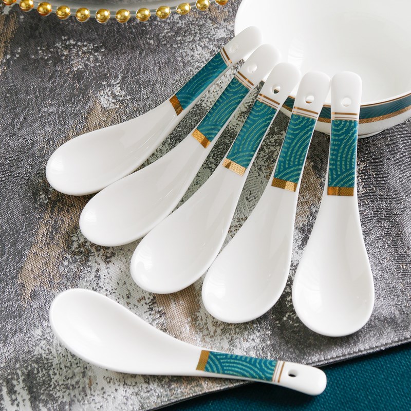 4个勺子家用骨瓷小勺汤勺饭勺短B柄酒店餐厅圆勺子小号喝汤勺瓷勺