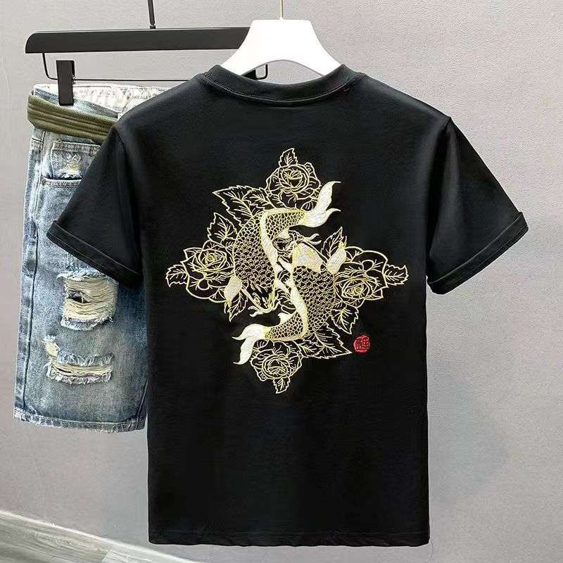 男士夏季鲤鱼刺绣修身T恤欧货高端小众设计感青年时尚半袖T恤