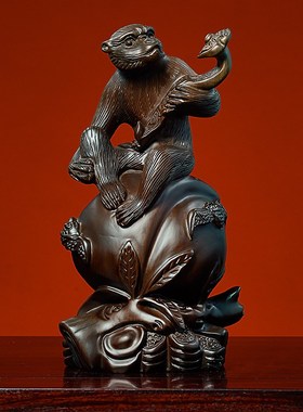 黑檀木雕c寿桃如意猴子摆件实木质工艺品祝贺寿礼品生肖猴家居