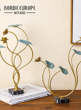 新中式铁艺荷花摆件高档艺术品莲花客厅玄关电Q视柜酒柜家居装饰