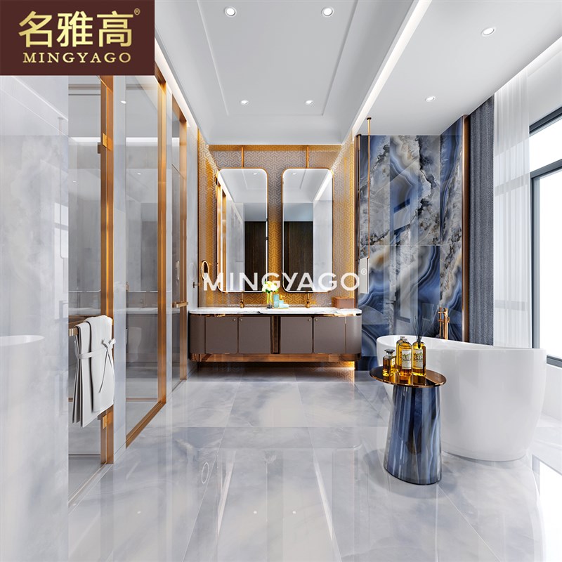 现代蓝色大板瓷砖客厅大理石地板砖750Fx1500卫生间墙砖梦幻彩虹