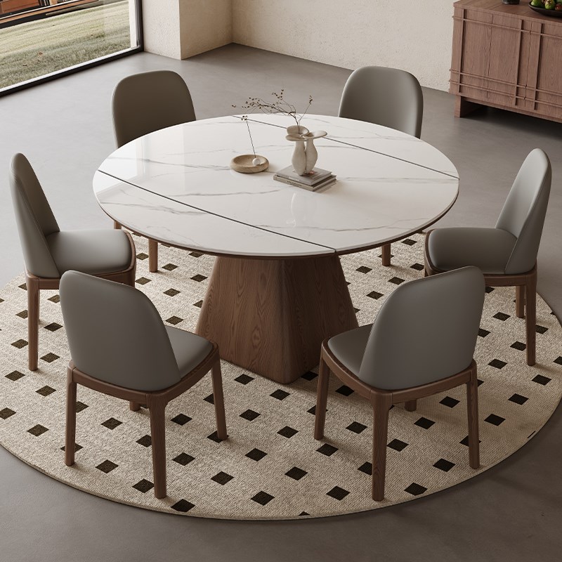 实木伸缩岩板餐桌椅组合圆形家用方圆两I用小户型中古风长方形饭