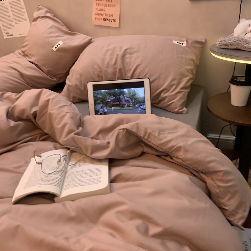 少女心粉色小爱心贴标简约床笠四件套G水洗棉可爱纯色床单被套床