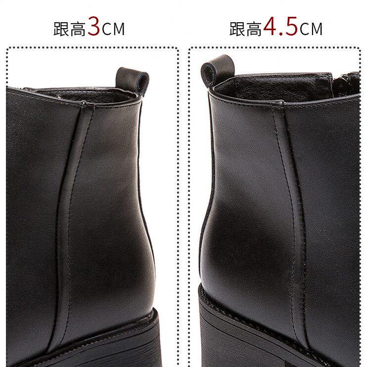 女短靴秋冬皮鞋工装中跟工作鞋加绒季皮靴短筒粗跟靴职业女鞋黑色