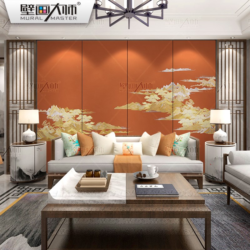 大气新中式壁g布电视背景墙壁纸山水壁画客厅沙发酒店包房装饰墙