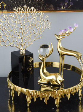 轻奢发财b树水晶球铜鹿创意托盘收纳盘客厅玄关书房隔断柜餐桌装
