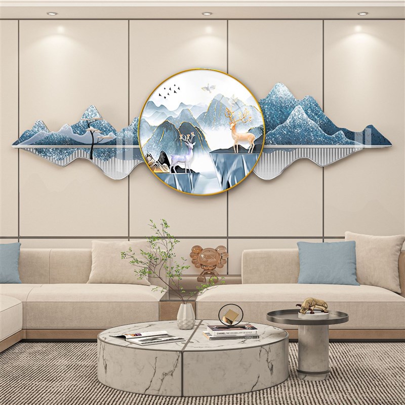 新中式别墅大厅背景墙装饰画客厅电视背景壁画山水画麋鹿沙发挂画图片