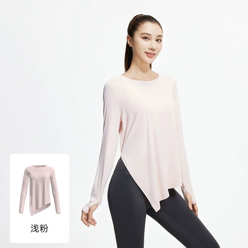 瑜伽服长袖罩衫跑步上衣女训练运动服宽松透气冰丝凉爽开叉健身服