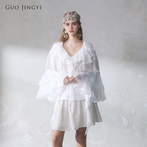 GUO JINGYI2026春夏法式浪漫白色流光宽松荷叶边飘纱衬衫女士