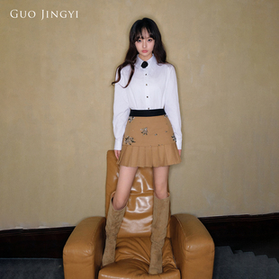 GUO JINGYI秋冬法式学院风显瘦修身白色尖领长袖衬衣衬衫上衣女