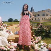 GUO JINGYI秋冬甜美拼黑粉红玫瑰吊带连衣裙蝴蝶结立体甜美长裙女